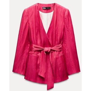 NWT ZARA WRINKLE EFFECT FUSCHIA BELTED JACKET  BLAZER LARGE